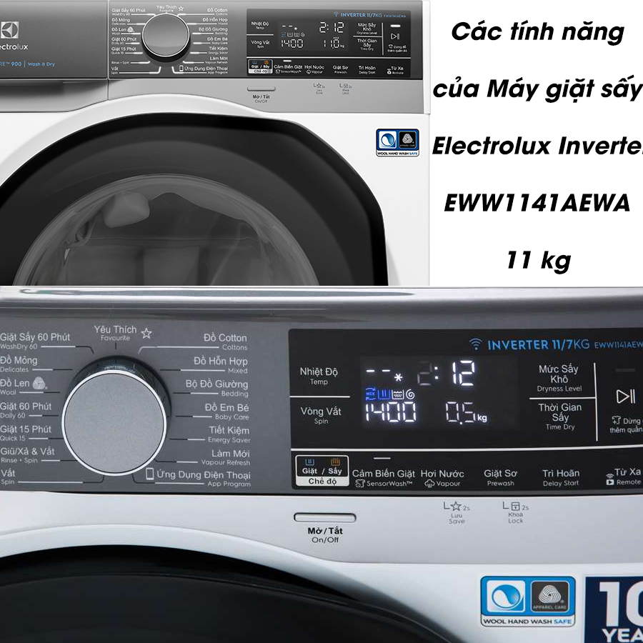  Tiện Ích  Tính năng sấy Giặt nước nóng Loại máy  Máy giặt Loại Máy Giặt  Cửa Trước Năm sản xuất  Mẫu 2019 Tính Năng Inverter  Có Khối Lượng Giặt  Trên 10kg MÁY GIẶT SẤY ELECTROLUX INVERTER 11 KG EWW1141AEWA | MODEL